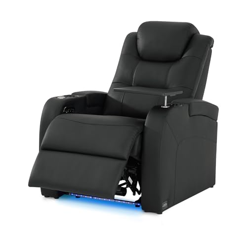 comfiroom Home Theater Seating Simple Style Top Grain Nappa Leather Recliners Chair Dual Power Movie Gaming Sofa Chair Electric Headrest with Tray Table Type-C USB Charger (Black, Row of 1)