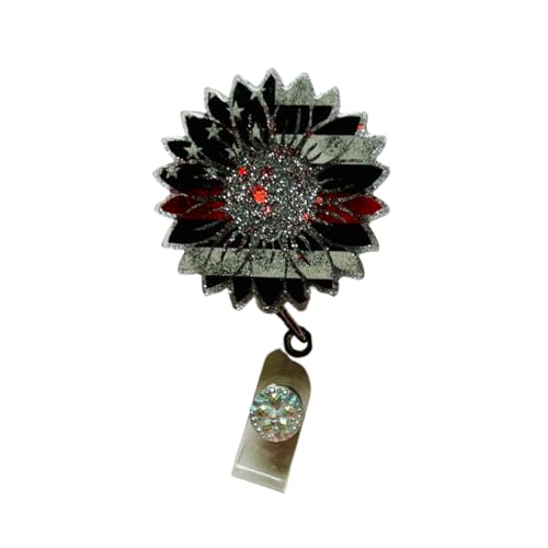 Red Line Flag Sunflower Badge Reel - Handmade Retractable ID Holder, Custom Nurse Badge Charm, Teacher Lanyard, Healthcare Worker Clip, Firefighter, First Responder