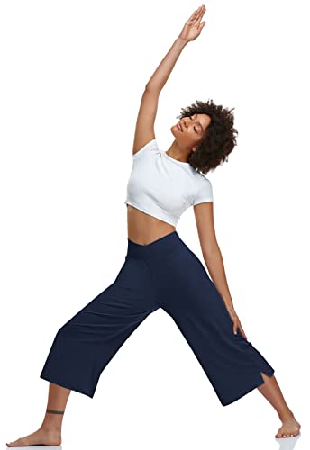 Image of TARSE Womens Casual Wide Leg Yoga Capris Crossover High Waist Capri Pants Loose Soft Pajama Pockets Sweatpants