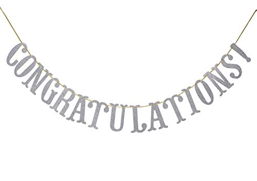Image of Congratulations Banner, Graduation Party Decor | Silver Glitter Congrats Sign for Retirement, Wedding, Job Promotion Party Decorations, Pre-strung