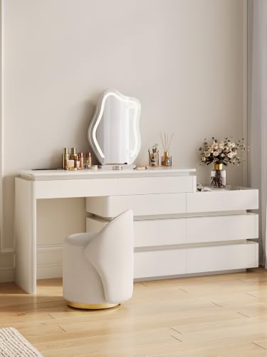 Image of homary Retractable L-Shaped Smart Makeup Vanity with LED Lighted Mirror, Built-in Charging Station, Touch Dimmable Lights, White Dressing Table with Storage Drawers for Bedroom, Stool Sold Separately