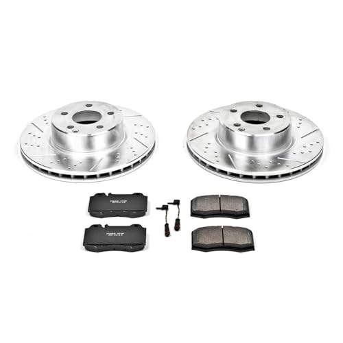 Image of PowerStop Front Brake Kit for Mercedes-Benz CL500 2003-06 |S350 2006 |S430 2003-06 |S500 2002-06 - Drilled and Slotted Disc Rotors with Carbon-Fiber Ceramic Brake Pads Replacement, K2932