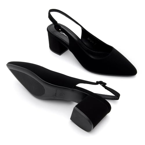 Shoe Land Pointed Toe Low Block Heels for Women – Slingback Slip-On Chunky Heeled Dress Pumps | 2.25 Inch Comfortable Business Casual Heels for Work, Office & Wedding, BlackNubuck, Size 7.5,Deagan by Shoe Land - Used condition - Image 4