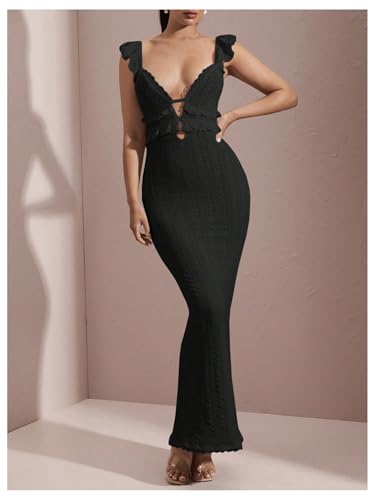 Image of WDIRARA Women's Textured Cut Out Backless Bodycon Maxi Dress Ruffle Sleeveless Fishtail Cami Dresses