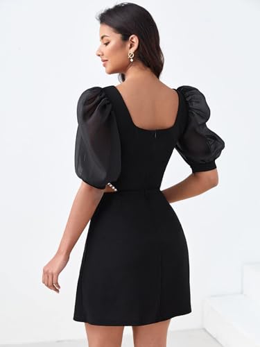 Image of WDIRARA Women's Cut Out Sweetheart Neck Half Puff Sleeve Pearl Beaded Elegnat Mini Dress