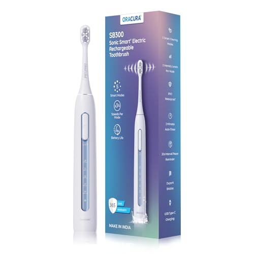 Image of ORACURA SB300 Sonic Smart Electric Rechargeable Toothbrush Blue, 1 Year Warranty, 4 Vibrant Colors, 36,000 strokes /min, With 5 Modes & 3 Intensity Levels, IPX7 Waterproof, 2 Mins Auto Timer, 90 Days Battery Life