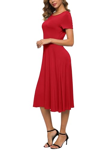 Image of EXCHIC Women's Casual Round Neck Short Sleeve Midi Dress Solid Stretchy Waist Knee Long Dress