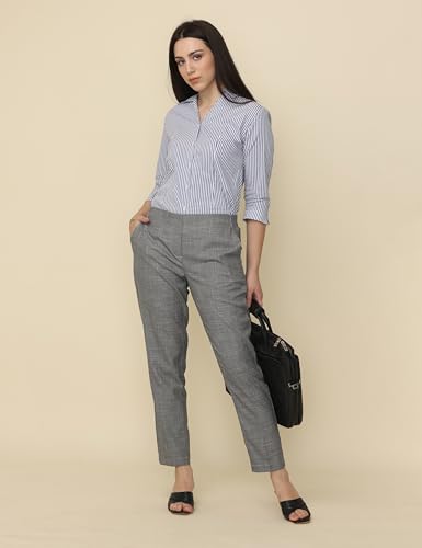 Image of WEARHOUSE Women's Polyester Solid Formal Elasticated Trousers Pant | Stripped Regular Fit for Office | Formal | (Grey)