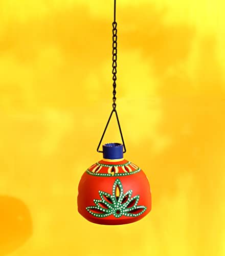 Image of AAKRITI ART CREATIONS Terracotta Handpainted Red Matki Hanging Tea Light | Floral Art Handmade Hanging Decor | Matte Finish Terracotta Decorative Hanging Items for Home | Handpainted Decor