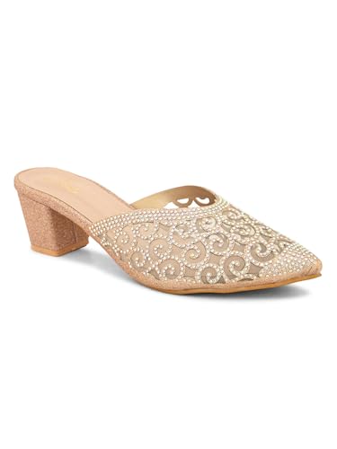 Image of XE Looks Women's Rhinestone Embellished Pointed Toe Mule Heels | Soft Cushioned Insole | Comfortable Stylish Slip-On Block Heel Sandals for Girls & Women