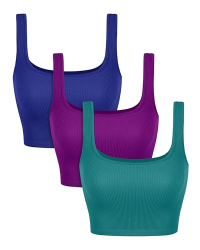 Image of ODODOS 3-Pack Seamless Square Neck Crop Tank for Women Ribbed Knit Soft Low Back Cropped Tops