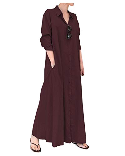 Image of Ladyful Women's Cotton Linen Maxi Dress Summer Long Sleeve Shirt Dress | Button down, Collared, Pockets, Solid color /Striped, Summer Caftans for women, Plus size, Cotton maxi dress for Party, Beach