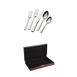 Mikasa Harmony 65-Piece Stainless Steel Flatware Set with Serveware, Service for 12, Gold-Accent and 19 inch Flatware Storage Chest