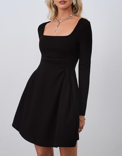 HYPERFIRE Women's Fall Square Neck Long Sleeve Corset Dress Ruched Waist Short Dresses with Pockets3