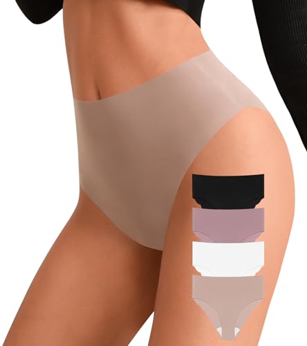 ASIMOON High Waisted Seamless Womens Bikini Underwear No Show Postpartum High Cut Cheeky Ladies Panties 4 Pack