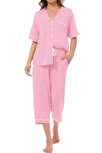 Image of LUBOT Womens Bamboo Viscose Pajamas for Women PJ Set 2 Piece Cooling Soft Short Sleeve Capri Pants Summer Sleepwear Set S-XXL