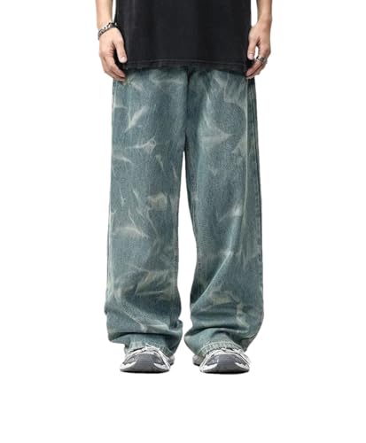 Men's Korean Style Washed Ripple Vintage Jeans Wide Leg Casual Loose Straight Pants