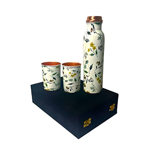 Image of Copper Water Bottle 1 Ltr | Copper Water Bottle with Glass Set | Meena Work | 100% Pure | Leak-Proof | 2 Water Glass 300ml each | Best for Gifting (Leaf Design - 1)