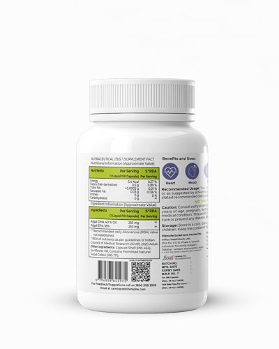 Image of EMPIRE 1900 Omega 3 Vegetarian Capsule (EPA+DHA) | Sourced from Algae | Healthy for Men and Women | Benefits Eyes, Skin, Joints, Brain, and Heart | Suitable for Vegan Diet | Immune Health | (30 Capsules)