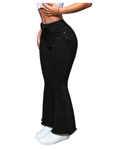 WDIRARA Women's High Waisted Flare Jeans Stretchy Raw Hem Bootcut Denim Pants