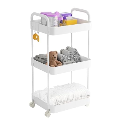 Volnamal Diaper Cart Organizer, Diaper Caddy Cart for Baby Nursery with Wheels Newborn Essentials Storage Cart, White