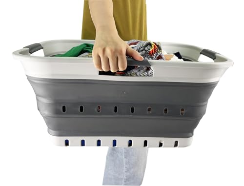 Image of SAMMART 42L (11 gallon) Collapsible Plastic Laundry Basket - Foldable Pop Up Storage Container /Organizer - Portable Basket - Space Saving Hamper /Basket (2, Grey /Steel Grey)