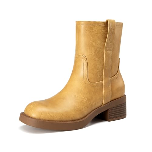 Athlefit Women's Chunky Low Heel Square Toe Ankle Boots with Side Zipper