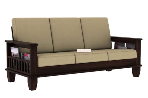 Image of Swangia Art Solid Sheesham Wood 5 Seater Sofa Set with Center Table for Living Room | Wooden 3+1+1 sofa set with Coffee Table for Home | Five Seater Sofas With Storage & Cream Cushion| Mahogany Finish