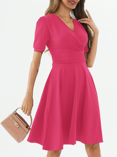Image of Women's Summer Casual Dress Short Sleeve Wrap V-Neck A-Line Dress Sundress Wedding Guest Cocktail Midi Dresses