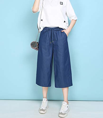 Sunfan Women's Elastic Waist Wide Leg Casual Palazzo Capri Jeans Culottes Pants with Drawstring4