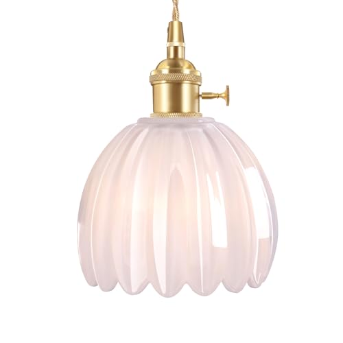 Image of Shenmoyl Pendant Light with White Tulip Glass Lmapshade, Brass Vintage Pendant Light Adjustable Hanging Light for Kitchen Island Dining Room Hallway