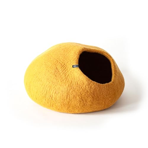 LucyBalu® Premium Katzenhöhle aus Filz | Natürliches Katzenbett aus 100% Flauschiger Wolle | Filzhöhle für Katzen handgefertigt in Nepal | Kuschelhöhle für Katzen | 45x45x28 cm | Mustard