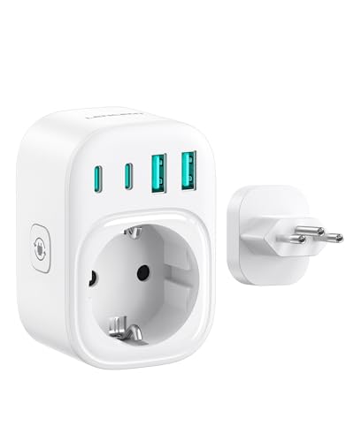 LENCENT Adaptateur de Voyage pour Le Brésil, daptateur Prise Type N pour Prises brésiliennes, Adaptateur Europe vers Brésil avec 2 Ports USB-C et 2 Ports USB-A, Puissance maximale de 2500 W