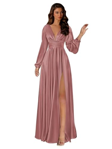 Vestidos de dama de honor de satén de manga larga para mujer, con cuello en V, vestidos de graduación, plisados, vestido de noche formal con bolsillos, Rosa Polvoriento, L