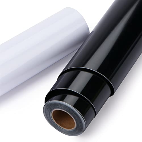 Image of HTVRONT Permanent Vinyl Roll, 2 Rolls 12 inch x 14FT Glossy Black & White Permanent Adhesive Vinyl Compatible with Cricut Cutting Machine, Silhouette - Easy to Weed & Transfer