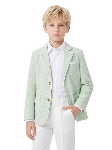 LOLANTA Blazer de Seersucker Transpirable para Niños, Chaqueta Elegante de Traje a Rayas para Verano y Ocasiones Informales, Verde Salvia, 7-8 años, 130