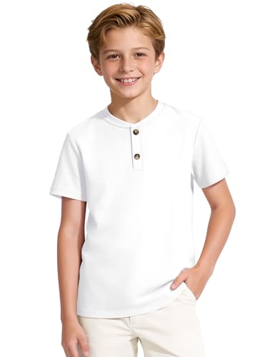Auranso Boys Henley Short Sleeve Shirts Kids Cotton Casual T-Shirt Button Front Solid Tops Tees Summer Clothes 13-14 Years White