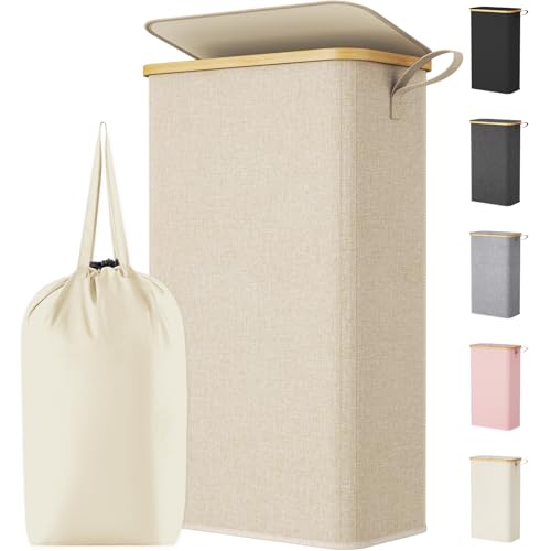 Image of Lifewit 75L Slim Laundry Hamper with Lid, Narrow Laundry Basket with Removable Bag & Bamboo Handles, Fodable Thin Dirty Clothes Hamper for Laundry Collapsible Bin for Bathroom Bedroom Dorm, Beige