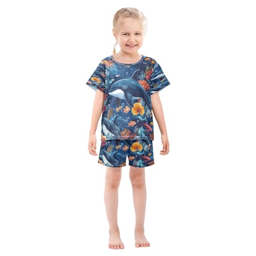 Pajama Sets Short Sleeve Ocean Life Dolphin Pattern Soft Cotton Summer Sleepwear 2 Piece PJS Size 5-14T4