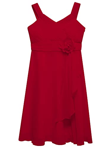 renvena Kids Flower Girls Asymmetric Bridesmaid Dress V-Neck Sleeveless Ruched Chiffon Wedding Prom Gown3