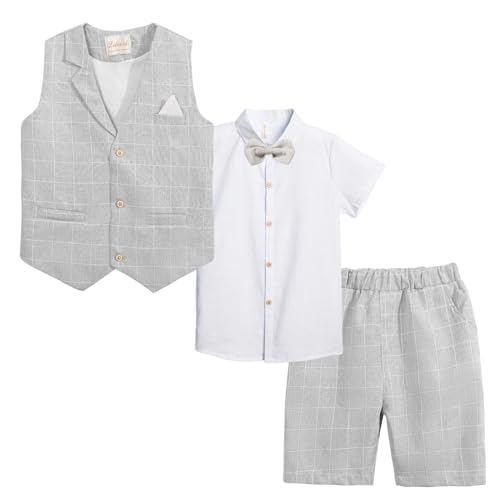 Image of Summer Boys Suit Dress Clothes Kids Wedding Ring Bearer Outfit 4Pcs Shirt Vest Shorts Set