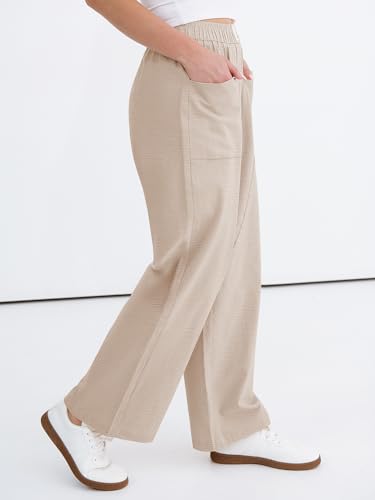 ANRABESS Womens Casual Pants 2026 Summer Loose Fit Lounge Pants with Pockets High Waisted Elastic Waist Straight Leg Trousers Parchment XXL — view 3