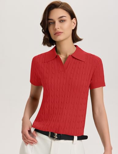 Image of Micoson Womens Short Sleeve Sweater Tops Lapel V Neck Polo Shirts 2026 Summer Cable Knit Loose Blouse Business Casual Outfits