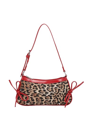 Image of QWINEE Women's Leopard Print Purse Y2k Cheetah Shoulder Bag Bow Studded Clutch Zipper Adjustable Strap Underarm Bag