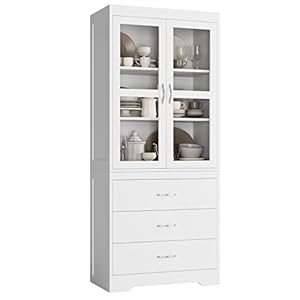 FOTOSOK White Kitchen Pantry Cabinet 67 Tall Storage Cabinet with 2 Tempered Glass Doors Modern Kitchen Cupboard Large Floor Cabinet with 3 Shelves and 3 Drawers for Home Office