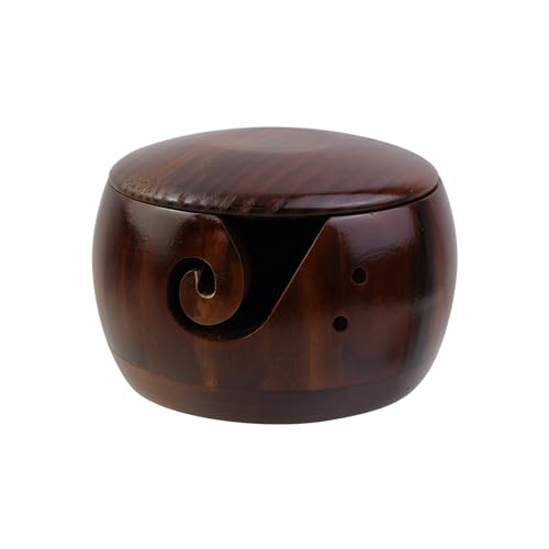 Image of Oedema Wooden Yarn Storage Bowl Crafted Yarn Bowl with Lid Crochet Bowls for Yarn, Knitting, Crocheting, 5.91inchx3.74inch, Brown