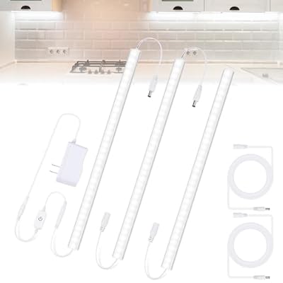 JUSJUBR Under Counter Lights for Kitchen, 3 Packs x 12 Inch Dimmable LED Under Cabinet Lighting, Cold White 6000K, Plug-in Under Cabinet Lights with Memory Function