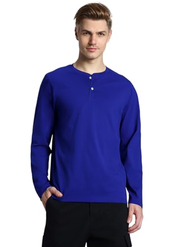 Image of Veirdo Pure Cotton Regular Fit Henley Neck Plain Solid Full Sleeve T-Shirt for Men & Boys (Color Options: Black, Red, Swanwhite, Navy Blue, White, Cork, Green, Maroon, Mustard, Royal Blue)