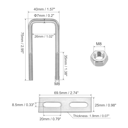 Image of PATIKIL M8x25x75mm Square U-Bolts Kit, 2Set 304 Stainless Steel Square U Shaped Bolts Replacement Parts with Frame Plates and Nuts for Ski Board Sailboat Trailer