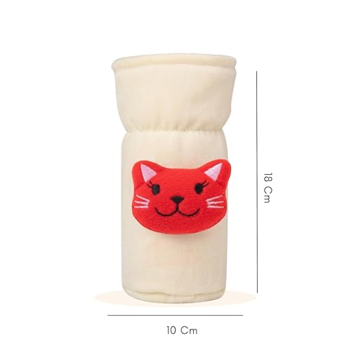 Image of Soft Plush Stretchable Baby Feeding Bottle Cover Easy to Hold Strap with Cute Animated Cartoon| Suitable for 60-125 Ml Feeding Bottle (Brown-Cream)